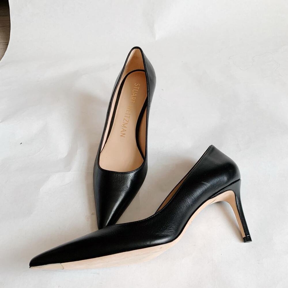 Stuart Weitzman Power 75 Black Leather Pointed-Toe Pumps Size 8.5